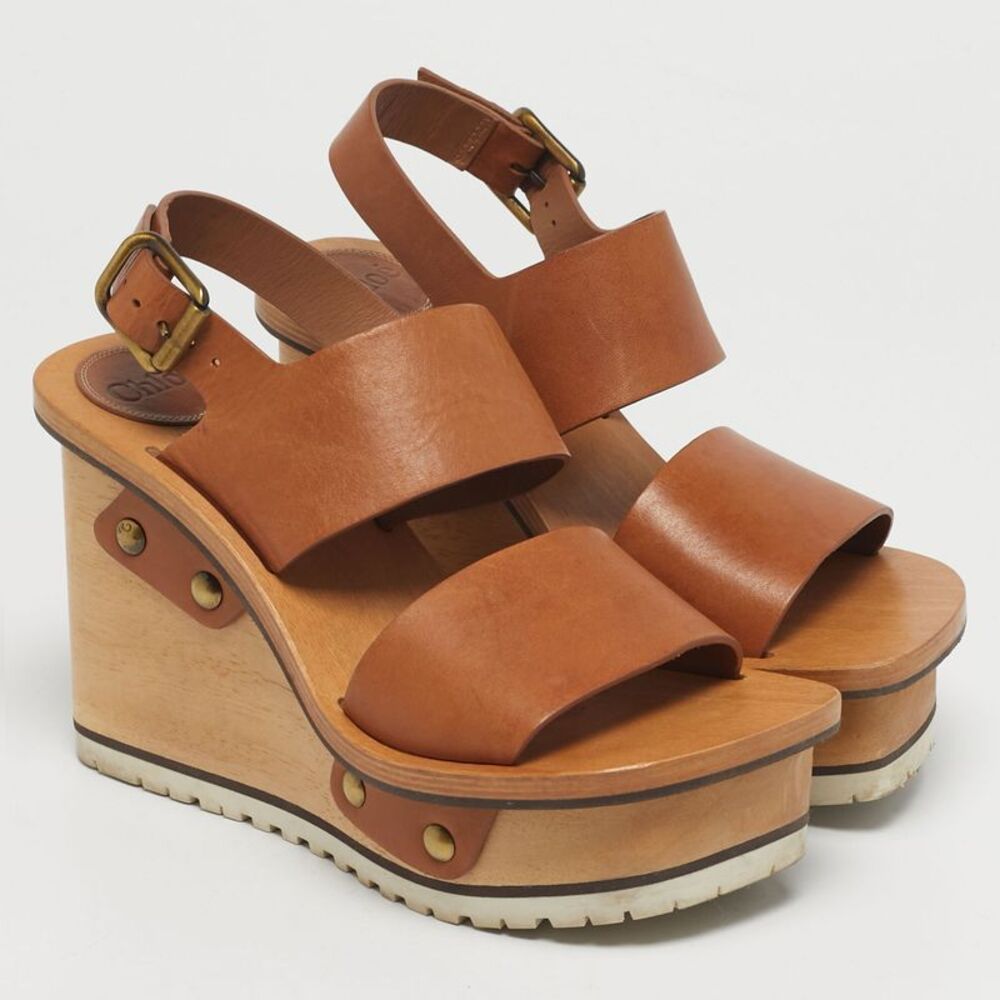 Chloe Size 37 Brown Leather Ankle Strap Wedge Sandals - Picture 4 of 7